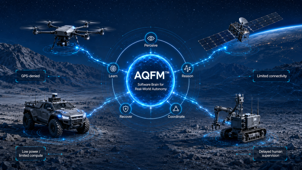 AQFM concept graphic connecting drones, satellites and ground robots.