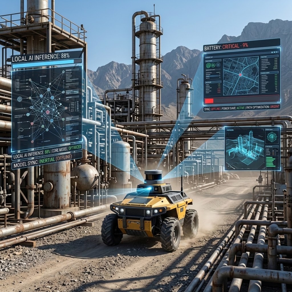 Autonomous field robot navigating a remote industrial site with onboard AI and limited battery power