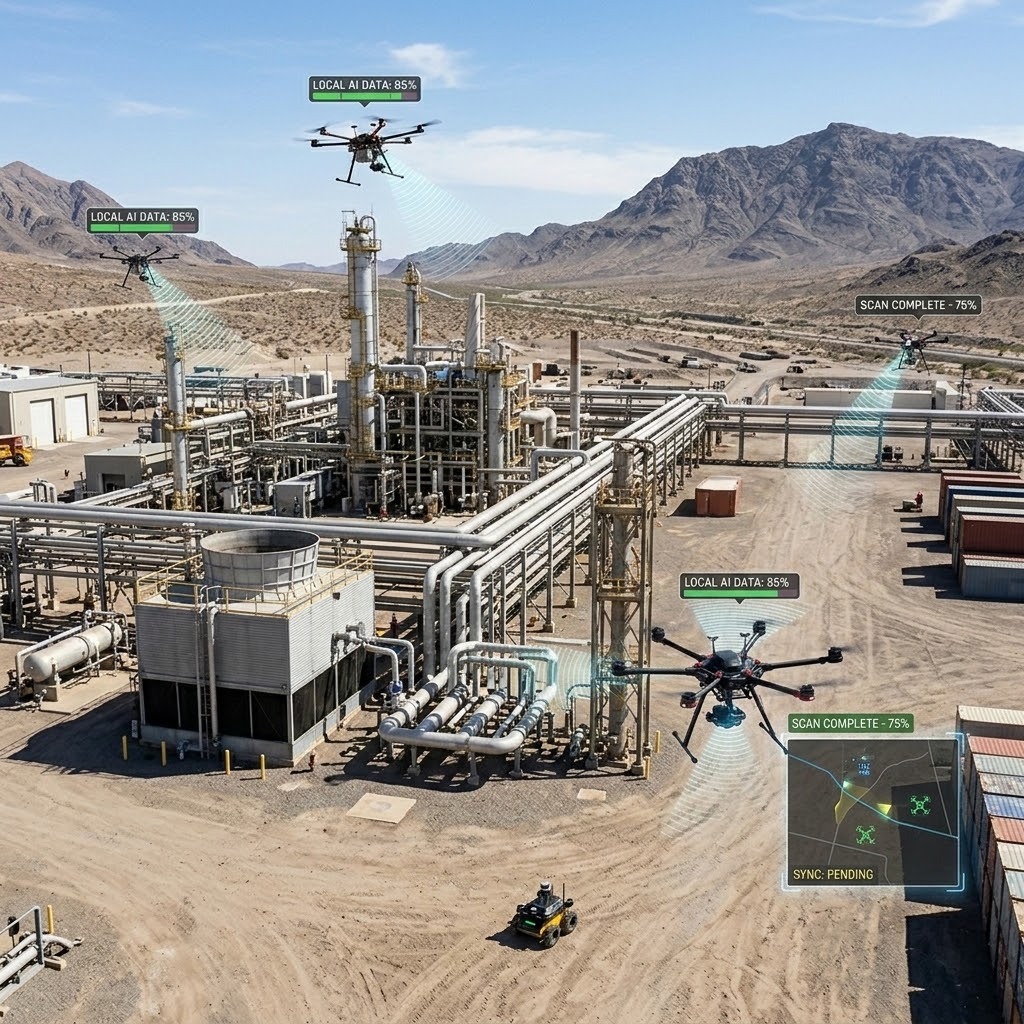 Drone fleet inspecting infrastructure in a remote area without reliable cloud connectivity