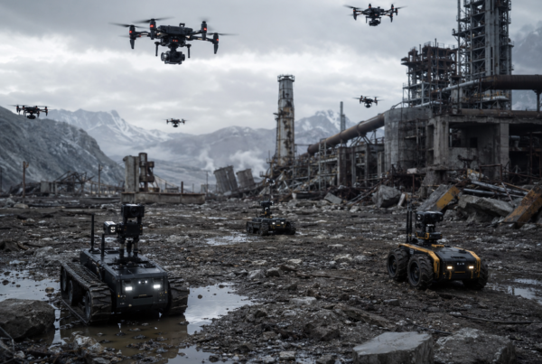 A group of drones or autonomous ground robots operating across a rugged industrial, disaster-response, or remote inspection environment.
