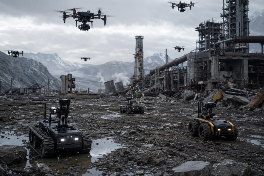 A group of drones or autonomous ground robots operating across a rugged industrial, disaster-response, or remote inspection environment.
