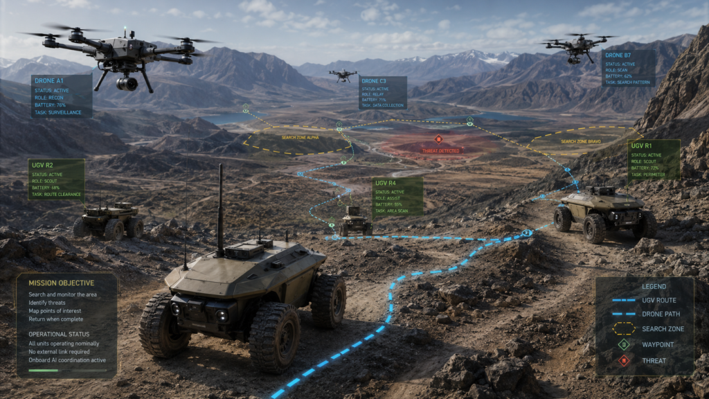 Multi-agent autonomous systems coordinating in a communications-denied mission.