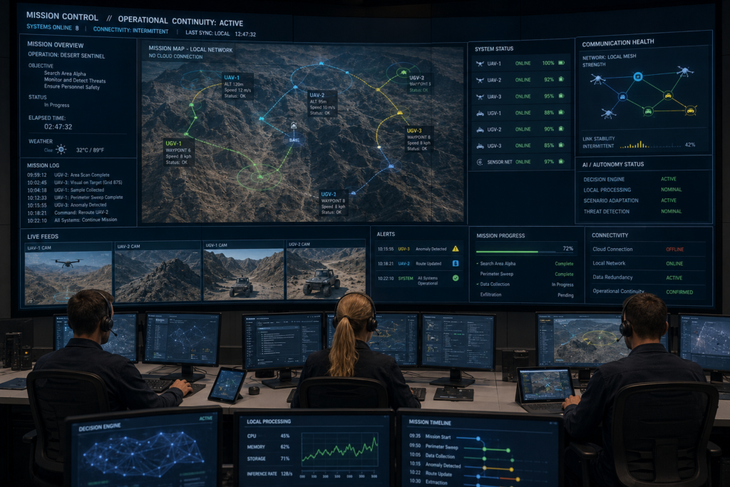 Mission control monitoring autonomous operations during intermittent connectivity.