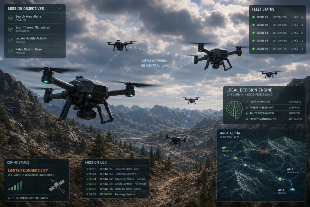 Autonomous fleet coordinating edge AI decisions during an off-grid mission.