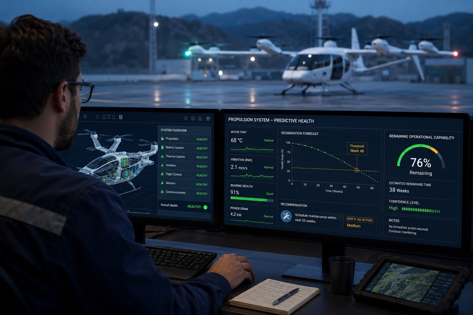 Remaining operational capability connects predicted health to the decision: continue, derate, reroute, return, transfer a task, or schedule service.