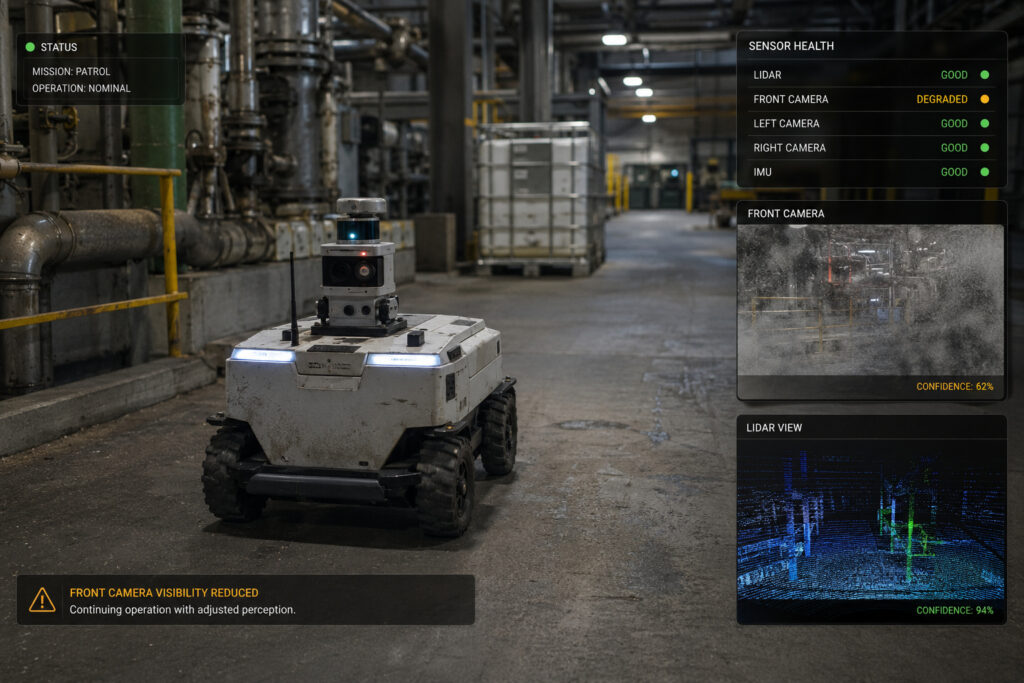 Autonomous robot evaluating a degraded camera sensor before making navigation decisions.