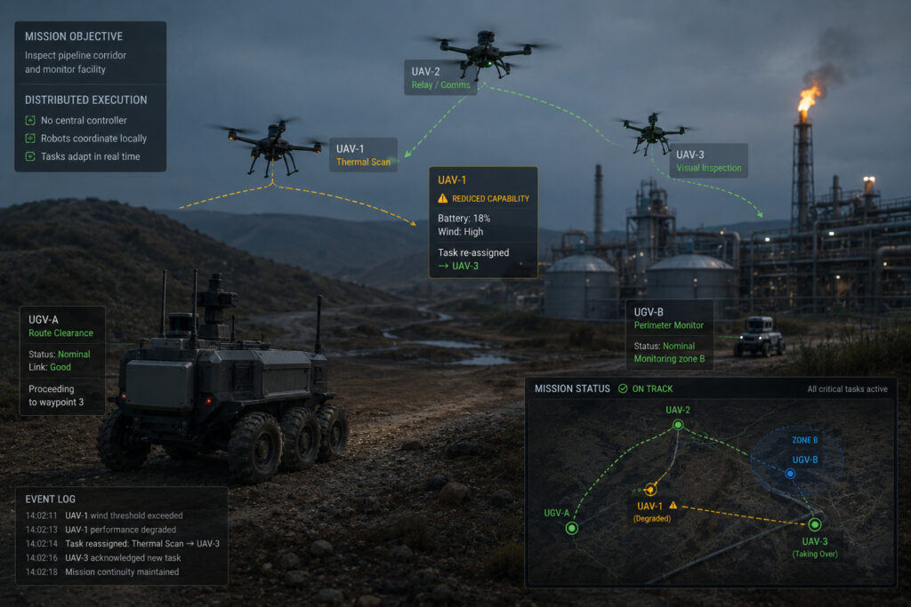 Autonomous systems adapt tasks collectively based on changing machine health and available capabilities.